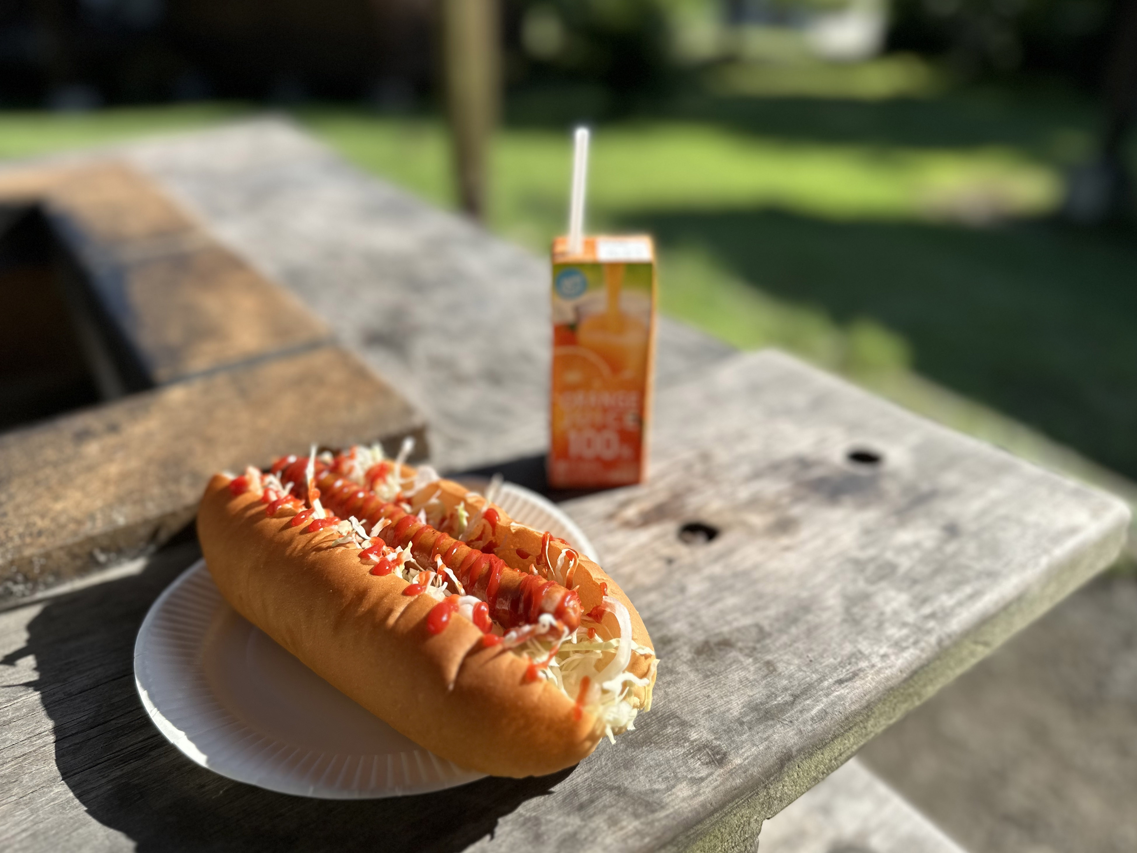 外で食べる手作りホットドッグ！最高のモーニングです